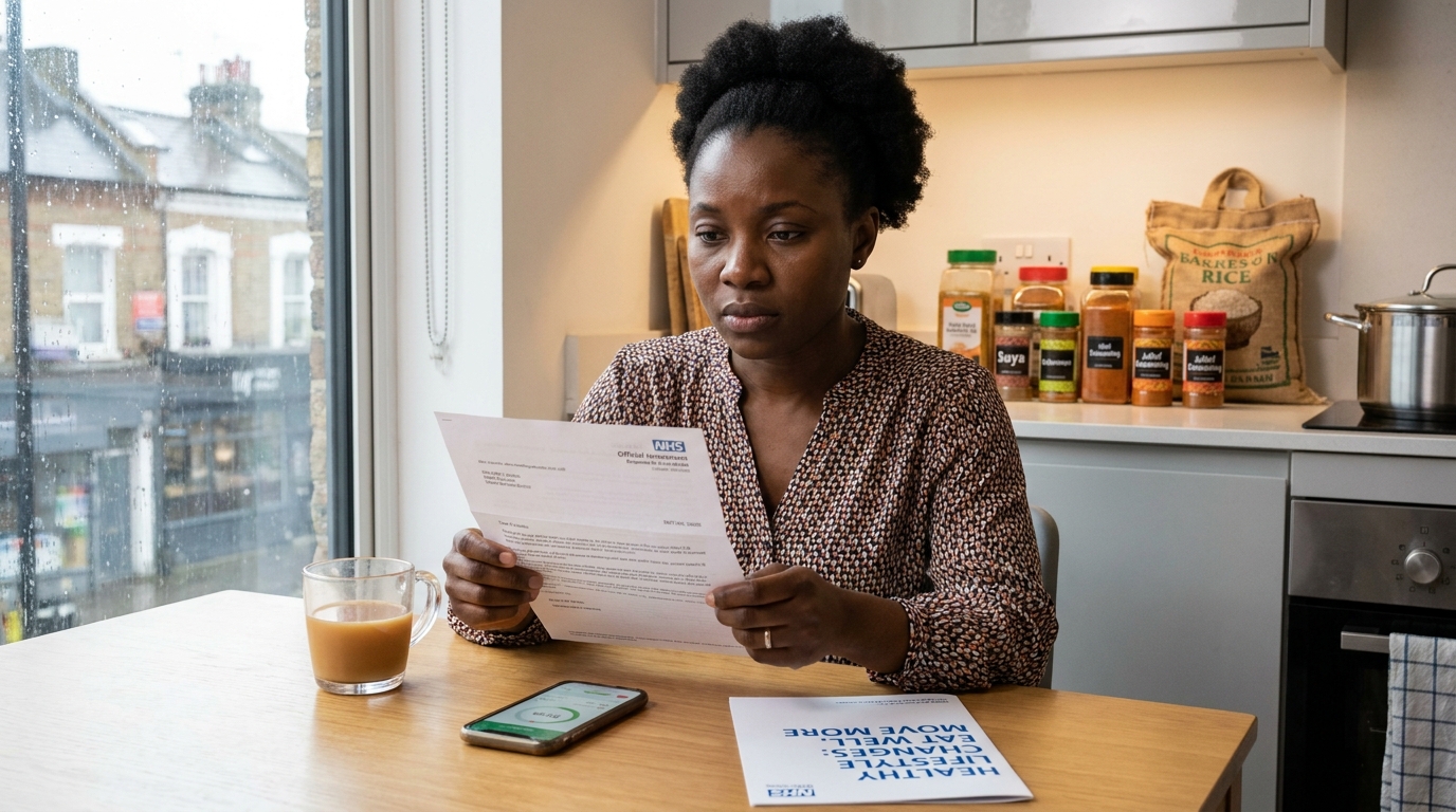 African woman reading NHS pre-diabetes letter in kitchen